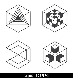 3D Geometric Illusion Icons Set - Vektor-Sechseck-Würfel Drahtmodell und karierte Muster Stock Vektor