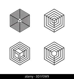 Konzentrischer Hexagon Line Art Set - Vektor abstrakte geometrische 3D-Illusionsformen Stock Vektor