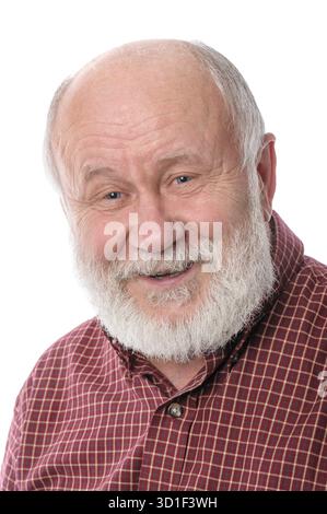 Fröhlich und ruhig schön kahl und bärtigen senior woman, isoliert auf weißem Hintergrund Stockfoto