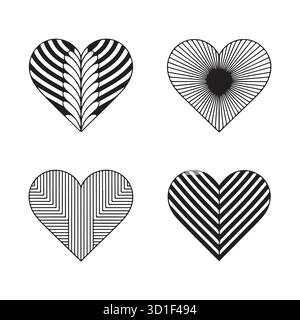 Gestreifte Herzsymbole - Vektor Schwarz Und Weiß Geometrisch Gemusterte Liebesformen Stock Vektor
