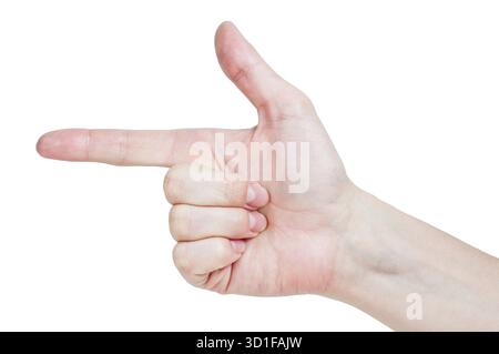 Die Frauenhand zeigt ganz nah nach links Stockfoto