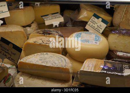 Eine Ausstellung ausgewählter italienischer Käsesorten, darunter Taleggio DOP und Pecorino di Meraviglia, mit Preis- und Herkunftsetiketten in einem Kühlkoffer. Stockfoto
