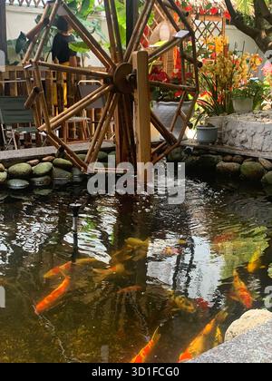 Eine ruhige Gartenszene mit einem traditionellen hölzernen Wasserrad neben einem kleinen Teich mit bunten Koi-Fischen. Stockfoto