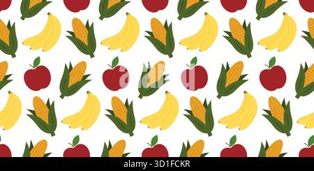 Orange Apple Banana Bunch und Corn Seamless Pattern Bunte Früchte saisonale oder Kwanzaa Thematic Fond. Vektor-Design mit Öko, Ernte, Textil, perfekt für Urlaub, Hintergründe und Dekorationen Stock Vektor
