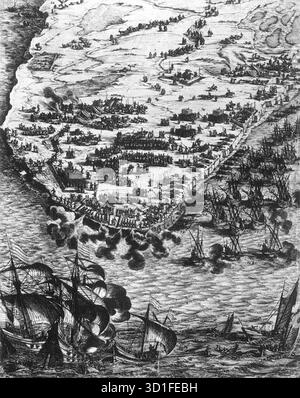 CALLOT, Jacques (* 1592, Nancy, d. 1635, Nancy) Belagerung von La Rochelle – Gravur Biblioth?que nationale, Paris --- Schlüsselwörter: ----------------- Autor: CALLOT, Jacques Titel: Belagerung von La Rochelle Zeitlinie: 1601-1650 Schule: Französisch Form: Grafik Typ: Historisch Stockfoto