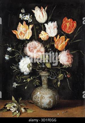 BRUEGHEL, Jan der Jüngere (* 1601, Antwerpen, d. 1678, Antwerpen) Stillleben der Blumen - Öl auf Eichenplatte, 47 x 34 cm Privatsammlung dieses Blumenstillleben umfasst Rosen, Tulpen, Vergissmeinnots und Ringelblumen in einer blau-weißen Delfter Porzellanvase, mit einem Zweig Orangenblüte auf einem Vorsprung. Fünf Versionen mit leichten Abweichungen sind bekannt. --- Schlüsselwörter: ----------------- Autor: BRUEGHEL, Jan der Jüngere Titel: Stillleben der Blumen Zeitlinie: 1601-1650 Schule: Flämische Form: Malerei Typ: Stillleben Stockfoto