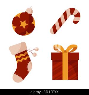Eine Kollektion von Neujahrs- und weihnachtselementen. Das Set enthält Symbole wie Ball, Süßigkeiten, Socken und Geschenkbox. Vektorabbildungen. Stock Vektor