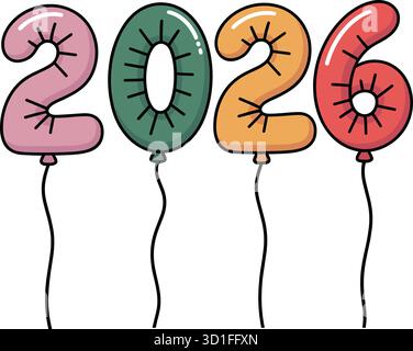 Farbenfrohe Ballonnummern „2026“ mit Saiten, festlichem und festlichem Design. Stock Vektor