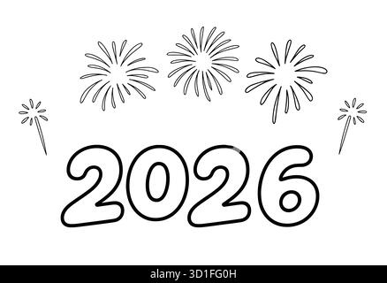 Schwarz-weiße Feuerwerk-Illustration mit „2026“-Text, festliches Silvester-Design Stock Vektor