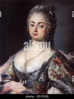 CARLEVARIS, Marianna (* 1703, Venezia, d. ca. 1750, Venezia) Porträt Cornelia Foscolo Balbi 1740-42 Pastel auf Papier Museo del Settecento Veneziano, Ca' Rezzonico, Venedig Marianna (Carlevarijs) war die Tochter des Ansichtsmalers Luca Carlevaris und der Schülerin von Rosalba Carriera. Das Begleitstück des Porträts stellt Gerolamo Maria Balbi dar. Die Ableitung der Porträts aus Rosalbas Modellen, obwohl sie mit einem prägnanteren grafischen Zeichen und einer kälteren Färbung übersetzt wurden, zeigt sich in der Wiederholung der Posen und der intimen Charakterisierung der Figuren. --- Schlüsselwörter: -- Stockfoto