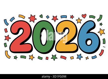 Farbenfroher „2026“-Text mit Sternen, Herzen und Konfetti, festliches Silvesterdesign. Stock Vektor