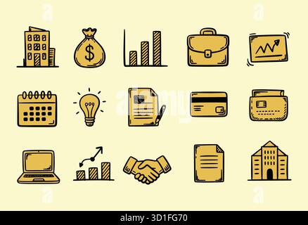 Sammlung einfacher handgezeichneter gelber Geschäftssymbole mit schwarzen Umrissen Vektorillustration Stock Vektor