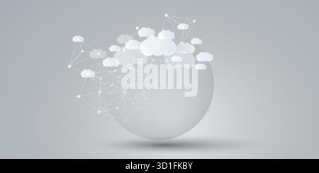 Cloud Computing Design-Konzept in Grau und weiß mit einfachen Solid Globe und Wolken – digitale polygonale Netzwerkverbindungen, Technologiehintergrund, Minim Stock Vektor