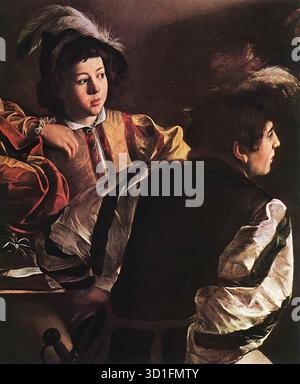 CARAVAGGIO (* 1571, Caravaggio, d. 1610, Porto Ercole) die Berufung des heiligen Matthäus (Detail) 1599-1600 Öl auf Leinwand, Breite der Details: 92 cm Contarelli Kapelle, San Luigi dei Francesi, Rom rechts sitzen zwei Jugendliche gegenüber. Der jüngere, stärker beleuchtete, lehnt sich zurück und legt seinen Arm zum Schutz auf die Schulter des St. Matthäus. Der Jugendliche gegenüber, mit seinem Schwert an seinem oberschenkel, spreizt seine Beine aus, während er nach rechts abbiegt. --- Schlüsselwörter: ----------------- Autor: CARAVAGGIO Titel: Die Berufung des heiligen Matthäus (Detail) Zeitlinie: 1551-1600 Schule: ITA Stockfoto