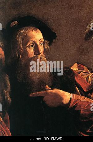 CARAVAGGIO (* 1571, Caravaggio, d. 1610, Porto Ercole) die Berufung des heiligen Matthäus (Detail) 1599-1600 Öl auf Leinwand Contarelli Kapelle, San Luigi dei Francesi, Rom Matthäus bringt seine Hand an seine Brust, als ob er es sei, was sie wollten. --- Schlüsselwörter: ----------------- Autor: CARAVAGGIO Titel: Die Berufung des heiligen Matthäus (Detail) Zeitlinie: 1551-1600 Schule: Italienisch Form: Malerei Art: Religiös Stockfoto