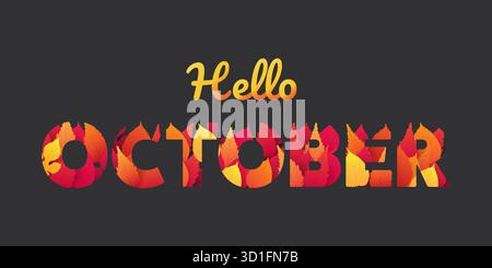 Dekorative Oktobertypografie oder Bannerdesign, Vorlage mit bunten Blättern. Farben: Rot, Orange, Braun - Vektorvorlage Design isoliert auf Schwarz Stock Vektor