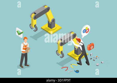 3D Isometrische flache Abbildung eines Maschinenbauingenieurs, Fixieren einer Montagelinie mit Roboterarmen Stockfoto