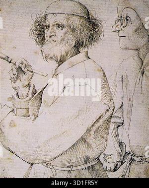 BRUEGEL, Pieter der ältere (* ca. 1525, Brogel, d. 1569, Bruxelles) der Maler und der Käufer c. 1565 Stift und schwarze Tinte auf braunem Papier, 255 x 215 mm Graphische Sammlung Albertina, Wien in dieser amüsanten Skizze kommentierte Bruegel die Beziehung zwischen Künstler und Auftraggeber. Die halblange Figur eines Malers bei der Arbeit dominiert die Komposition. Mit dem Pinsel in seiner rechten Hand starrt er aufmerksam auf das Bild vor ihm. Seine Konzentration ist unerschütterlich, während der Akt der Schöpfung. Hinter ihm steht ein zweiter Mann, wahrscheinlich ein Kaufmann, der offensichtlich von dem unsichtbaren Bild gefesselt ist. Sein Stockfoto