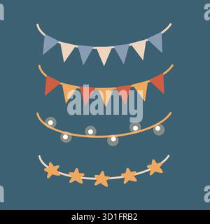 Eine Reihe von Vektorillustrationen von Retro-Weihnachtsgirlanden. Alte Papiergirlanden, Flaggen und Girlanden mit Kugeln und Sternen. Farbiges flaches Clipart isoliert auf dunklem Hintergrund Stock Vektor