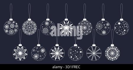 Set festlicher Weihnachtsbaumkugeln zu Silvester. Runder Weihnachtsbaumschmuck mit durchbrochenem Spitzenmuster aus Schneeflocken und Sternen. Clip-Art Stock Vektor