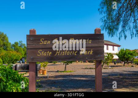 San Juan Bautista State Historic Park Schild im historischen Stadtzentrum von San Juan Bautista, San Benito County, Kalifornien, USA. Stockfoto
