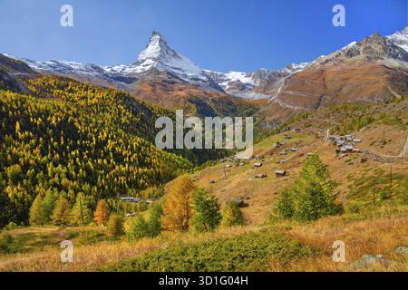 Landschaft unterhalb der Sunnegga mit Ortsteil Findeln und Matterhorn 4478 m im Herbst, Zermatt, Mattertal, Wallis, Schweiz Stockfoto