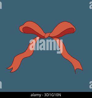 Rote Schleife im flachen Doodle-Stil. Handgezeichnetes, trendiges, flaches Geschenkband in Zeichentrick, elegante Schleife zum Valentinstag, Weihnachten und Geburtstag. Vektorillustration isoliert auf einem dunkelblauen Hintergrund Stock Vektor