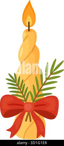 Weihnachtskerze mit Tannenzweigen, rote Schleife. Illustration des flachen Vektors. Perfekt für Weihnachtskarten, Winterdekor, Einladungen und festliche Designprojekte. Vektorabbildung Stock Vektor