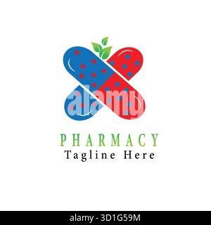 Modernes Apotheken-Logo-Design mit rotem und blauem Kapselkreuz und grünem Blatt, medizinischer und Healthcare Vektor-Symbol für pharmazeutische Firma, Stock Vektor