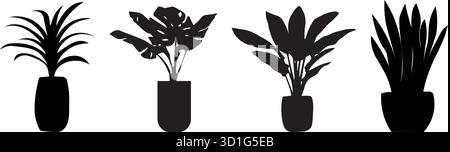 Schwarze Pflanze Silhouette Vektor-Set mit Topfpflanzen, tropischen Blättern, Innenlaub und modernen botanischen Formen, minimaler Wohndekor Illustration Stock Vektor
