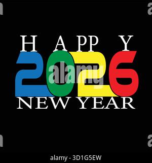 Happy New Year 2026 farbenfrohes Typografie-Design mit modernen kräftigen Zahlen und lebhaften Farben auf schwarzem Hintergrund, festliche Vektorillustration Stock Vektor
