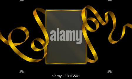 Eleganter dunkler Rahmen mit goldenem Rand und fließenden Bändern auf schwarzem Hintergrund für luxuriöses Design. Vektorabbildung Stock Vektor