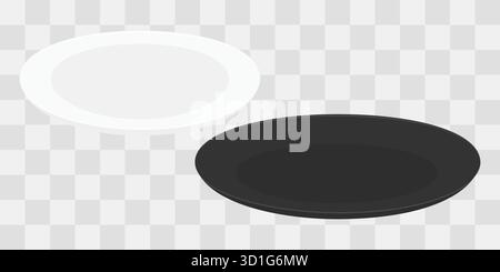 Schwarze und weiße leere Teller Abendessen, Mittagessen oder Frühstück Geschirr Schablonendesign minimalistisches Flat Set. Isolierte Vektor-Illustration Aufkleber Icon Lebensmittelbezogene Inhalte Menü Karten Banner, Faltblätter, Etikett Stock Vektor