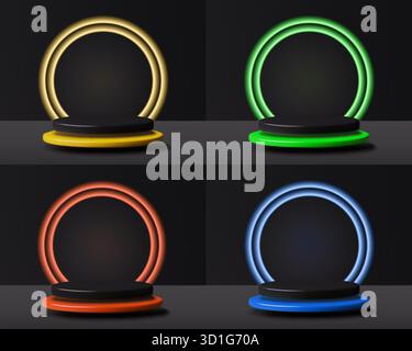 3D-Realistic Neon Podeste auf dunklem Hintergrund Stock Vektor