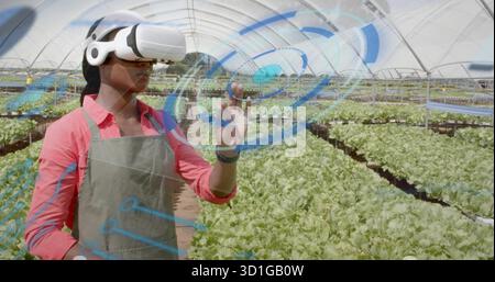Ein Techniker mit Schürze und VR-Headset, der Salatreihen im Gewächshaus scannt, mit Hologrammen Stockfoto