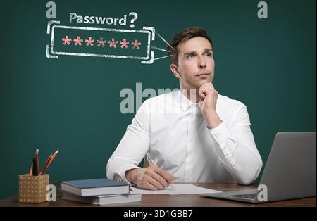 Ein durchdachter Lehrer versucht sich am Tisch ein Passwort zu merken. Grünes Schwarzes Brett im Hintergrund Stockfoto