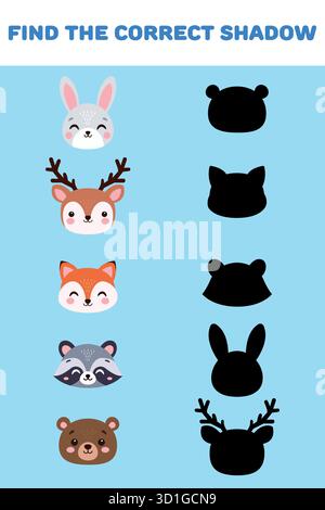 Suchen Sie den richtigen Schatten. Niedliche Waldtiere. Lernspiele für Kinder. Vektorabbildung Stock Vektor