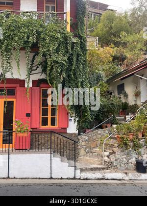 Gemütliches altes griechisches weißes Haus mit roten Elementen bedeckt mit grünen Pflanzen Stockfoto