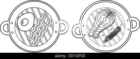 Gebratenes Ei mit Speckstreifen und Lachssteak mit Pfefferkörnern und Rosmarinzweig in Grillpfanne. Isolierte Vektor-Illustration Aufkleber Icon Piktogramm Lebensmittel-bezogene Inhalte oder Menükarten, Tag, Broschüren Stock Vektor