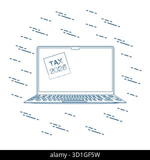 Laptop mit Steuernotiz 2026 umgeben von abstrakten digitalen Elementen, geeignet als Hintergrundvektor Stock Vektor