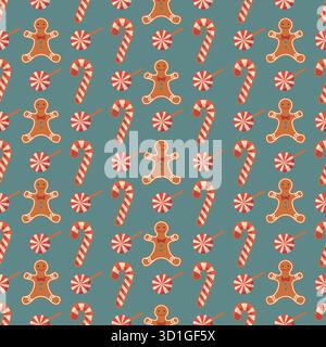 Weihnachtszuckerrohr und Lebkuchenmuster auf blaugrünem Hintergrund mit festlichem Feiertagsthema Vektor Stock Vektor