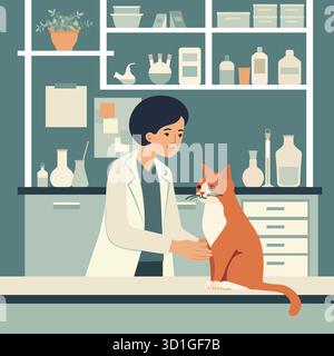 Tierärztliche Untersuchung der Katze im modernen Klinikumfeld mit Laborausstattung und Hintergrundvektor Stock Vektor