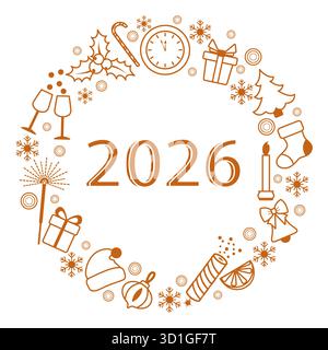 Neujahrskranz 2026 mit festlichen Elementen und Uhr in Orange, geeignet für Feiertagshintergrund Vektor Stock Vektor