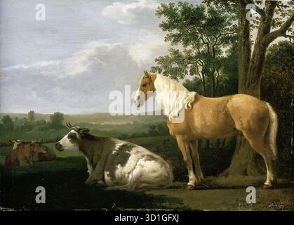 CALRAET, Abraham van (* 1642, Dordrecht, d. 1722, Dordrecht) Ein Pferd und Kühe in einer Landschaft - Öl auf Tafel, 28 x 40 cm Privatsammlung in der unteren rechten Ecke des Gemäldes befindet sich eine falsche Signatur „A. cuyp“. --- Schlüsselwörter: ----------------- Autor: CALRAET, Abraham van Titel: Ein Pferd und Kühe in einer Landschaft Zeitlinie: 1651-1700 Schule: Niederländisch Form: Malerei Typ: Landschaft Stockfoto