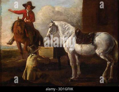 CALRAET, Abraham van (* 1642, Dordrecht, d. 1722, Dordrecht) junger Künstler Malerei A Horse and Rider - Öl auf Tafel, 23 x 31 cm Privatsammlung --- Schlüsselwörter: ----------------- Autor: CALRAET, Abraham van Titel: Junger Künstler Malerei ein Pferd und Reiter Zeitlinie: 1651-1700 Schule: Niederländisch Form: Malerei Art: Genre Stockfoto