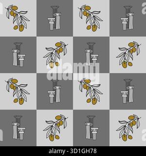 Nahtloses griechisches Muster des Vektors mit handgezeichneten Olivenzweigen und antiken Säulen auf grauem und weißem kariertem Hintergrund. Perfekt für Fliesen, Dekor und Textildesign. Stock Vektor