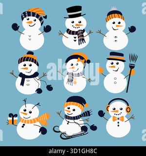 Vektorsatz von blauen, orangen und silbernen Schneemannsymbolen in flacher Art auf hellblauem Hintergrund. Perfekt für Weihnachtskarten, Dekor, Aufkleber, Design. Stock Vektor