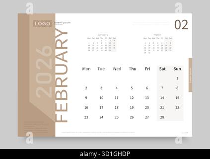 Der Kalender für Februar 2026 ist weiß und beige. Das Layout des Kalenders für Februar 2026 mit dem Datum des Wochenbeginns am Montag Stock Vektor
