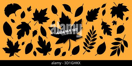 Eine Reihe von Silhouetten von Herbstblättern, isoliert auf einem orangefarbenen Hintergrund. Stock Vektor