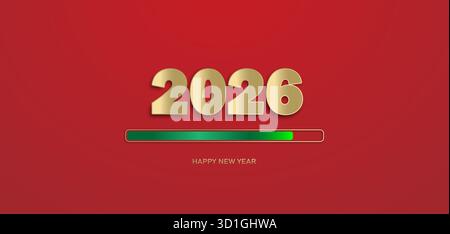 Neujahrshintergrund mit goldenen Zahlen 2026, Happy New Year auf rotem Hintergrund. Weihnachtsflyer, Grußkarte, Banner. Stock Vektor